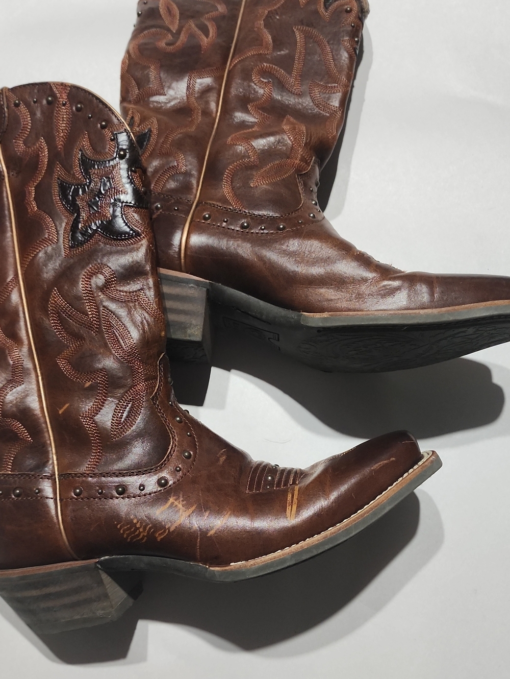Ariat Brown Leather Western Heeled Boots with Black Stitch Accents - Picture 5 of 11